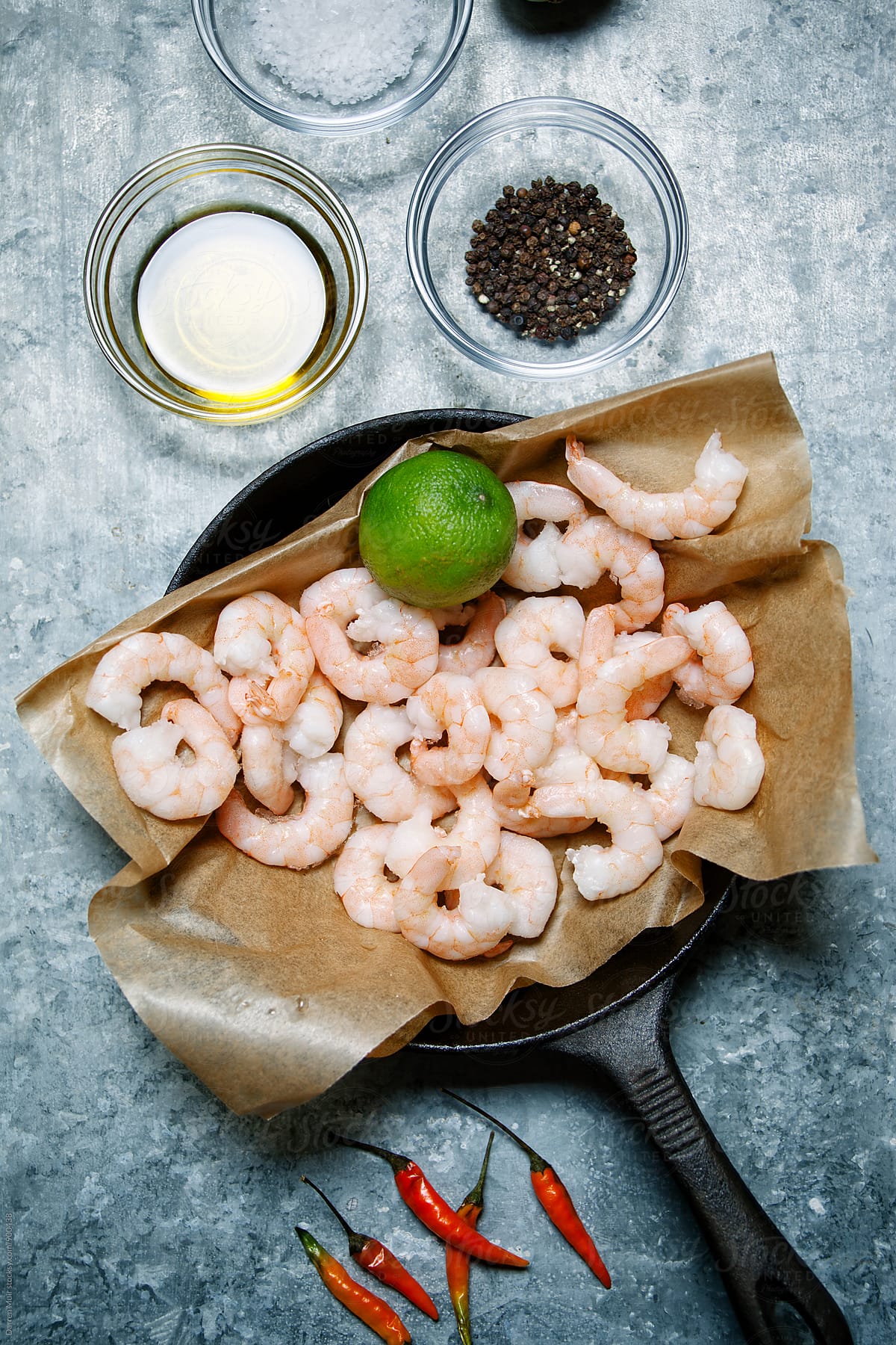 Cooked prawns and ingredients for a chili and lime dressing.