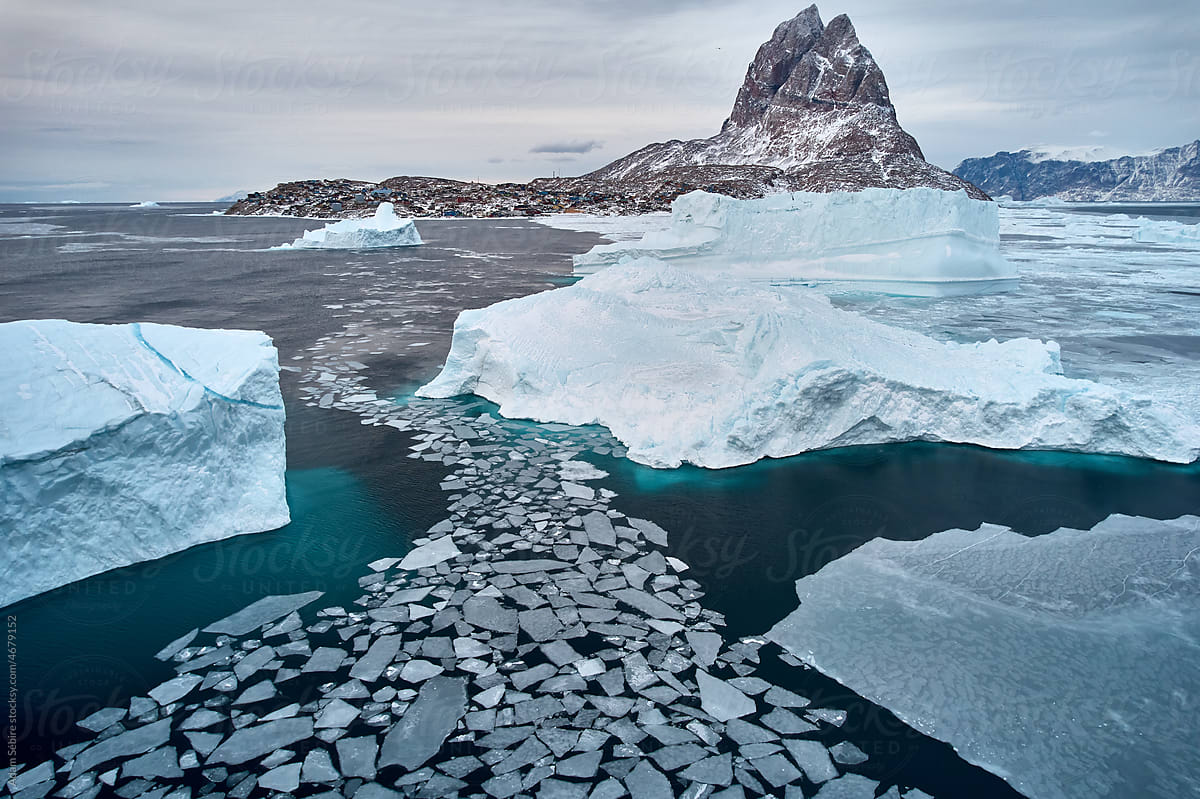 Greenland aerial stock shot: sea ice fragments, Arctic global warming