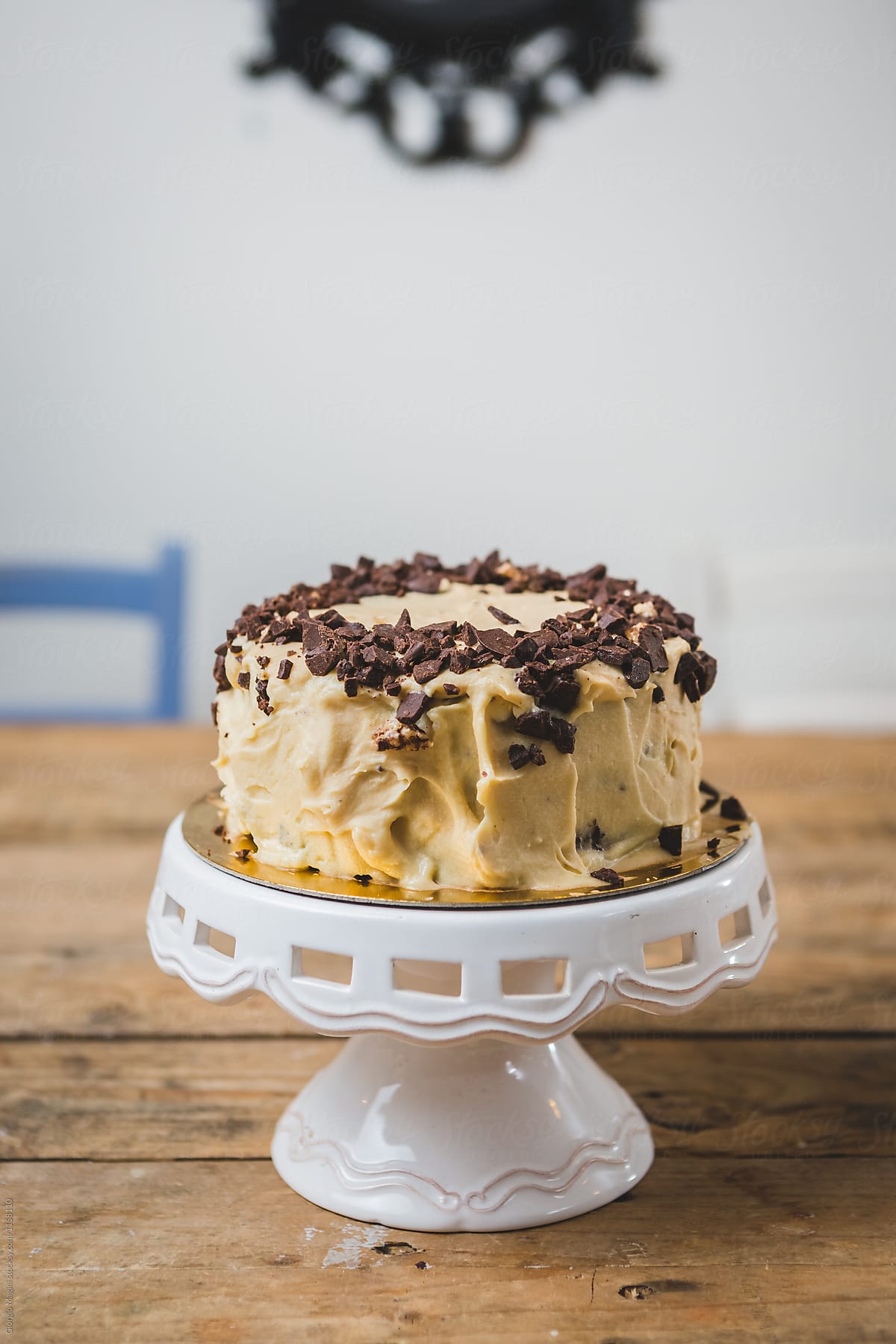 Cream and Coffee Cake with Chocolate Nuggets on Top