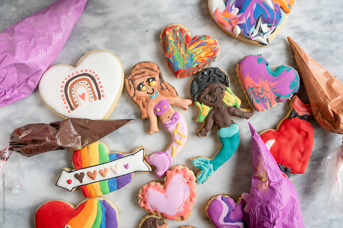 Diverse childishly decorated Valentine cookies