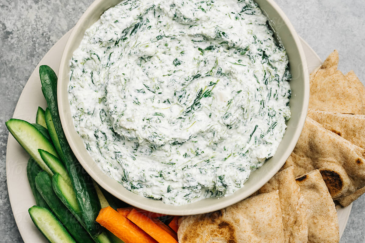 Spinach dip platter with pita and veggies
