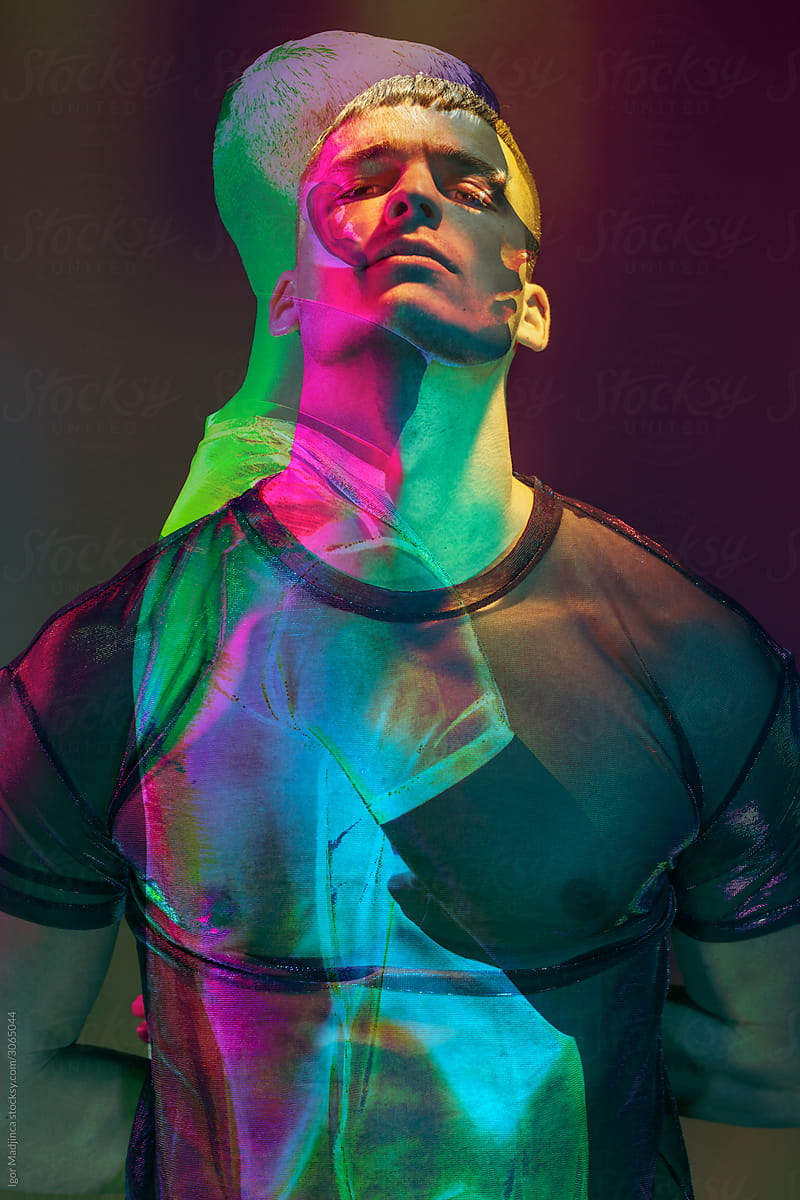 negative and positive double exposure futuristic portrait under  the neon and black light