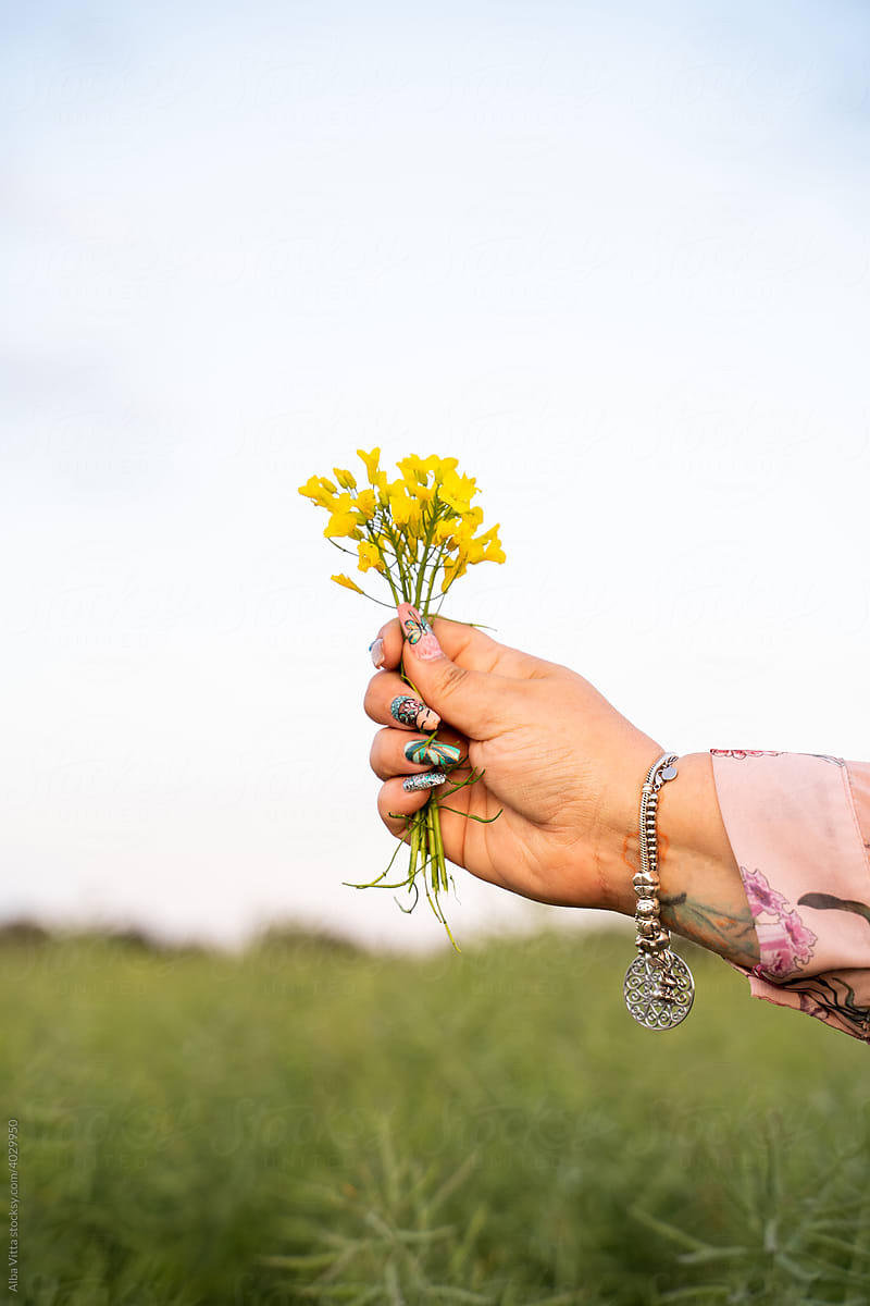 Detail of woman\'s hand holding flowers bucket in field