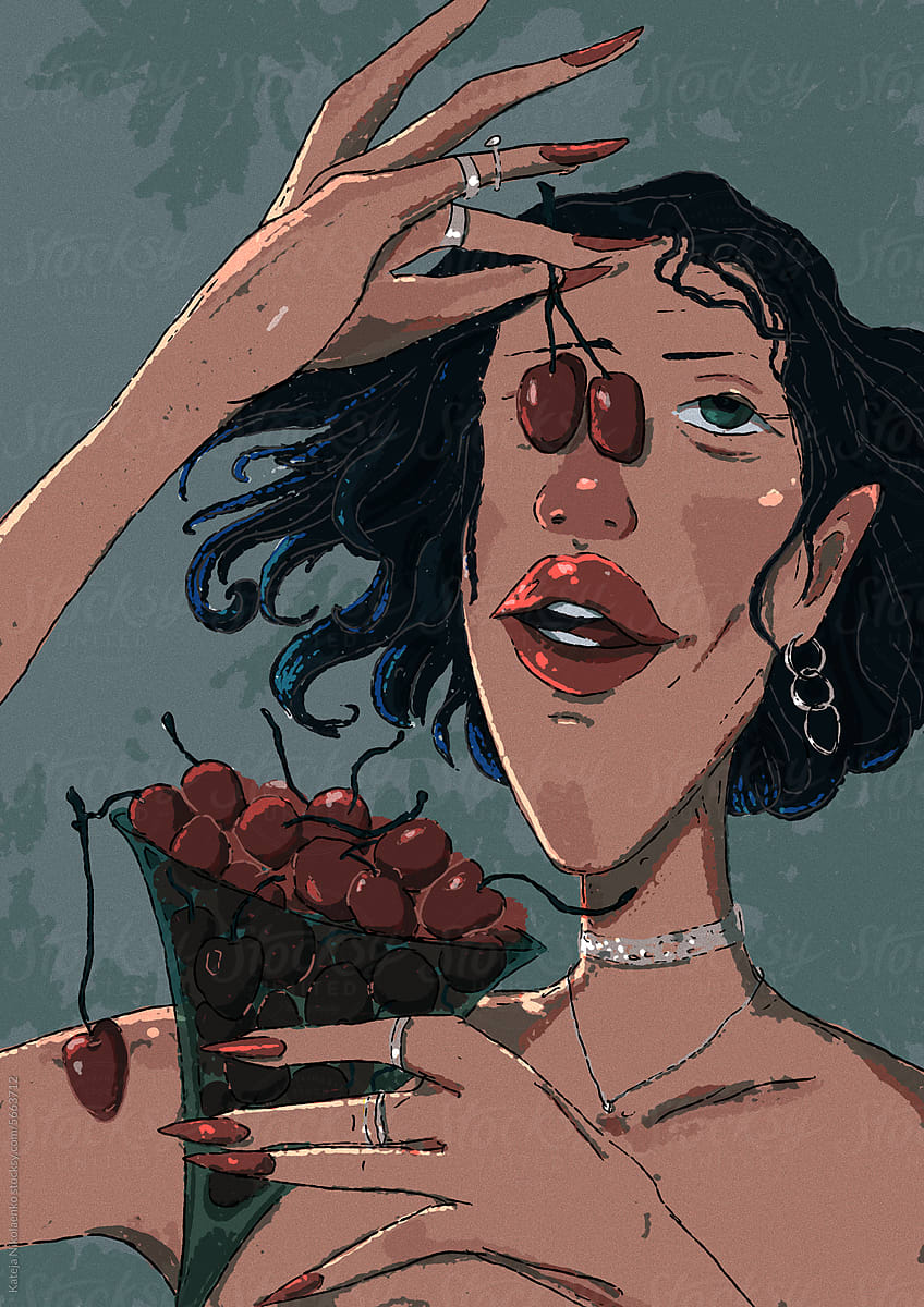 Woman holding glass of cherries and going to eat