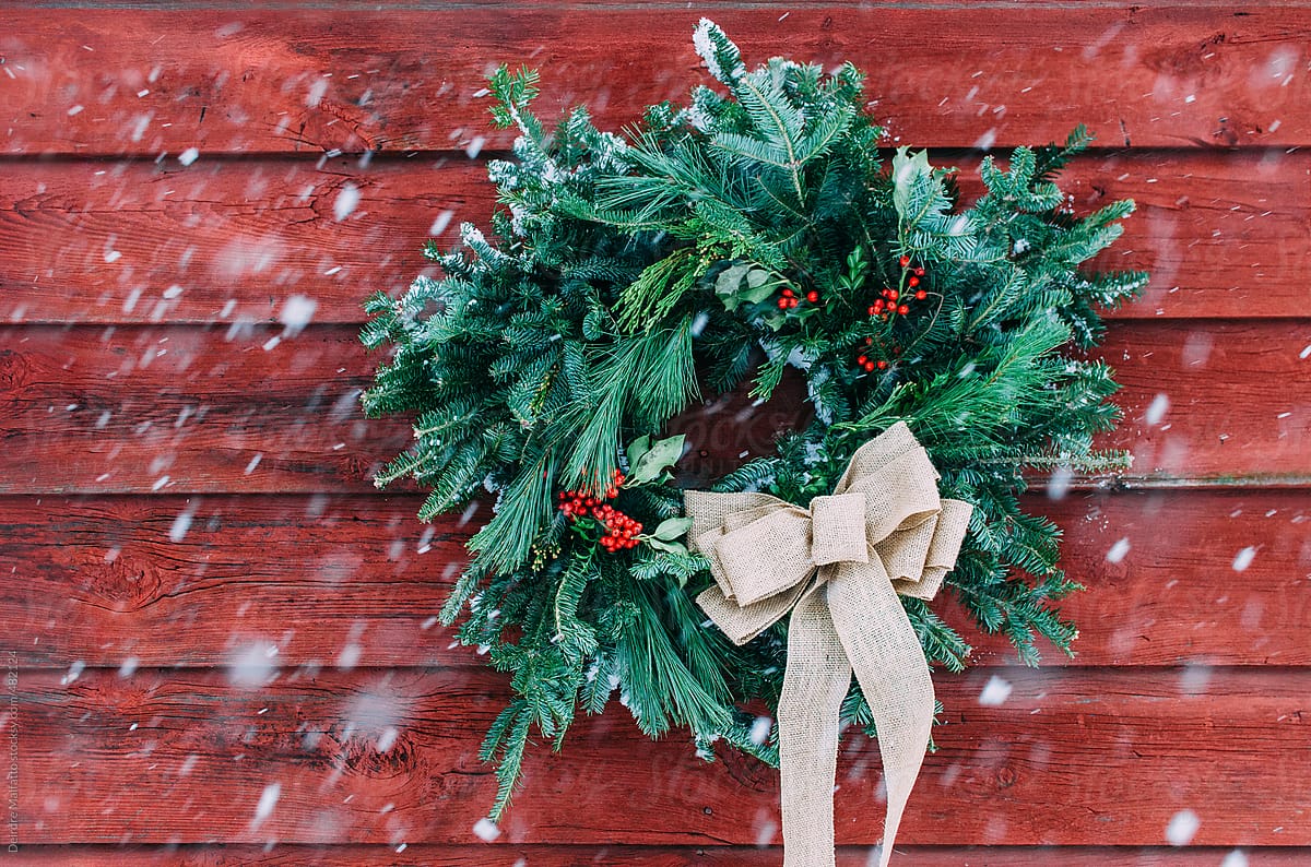 christmas wreath with snow flurry