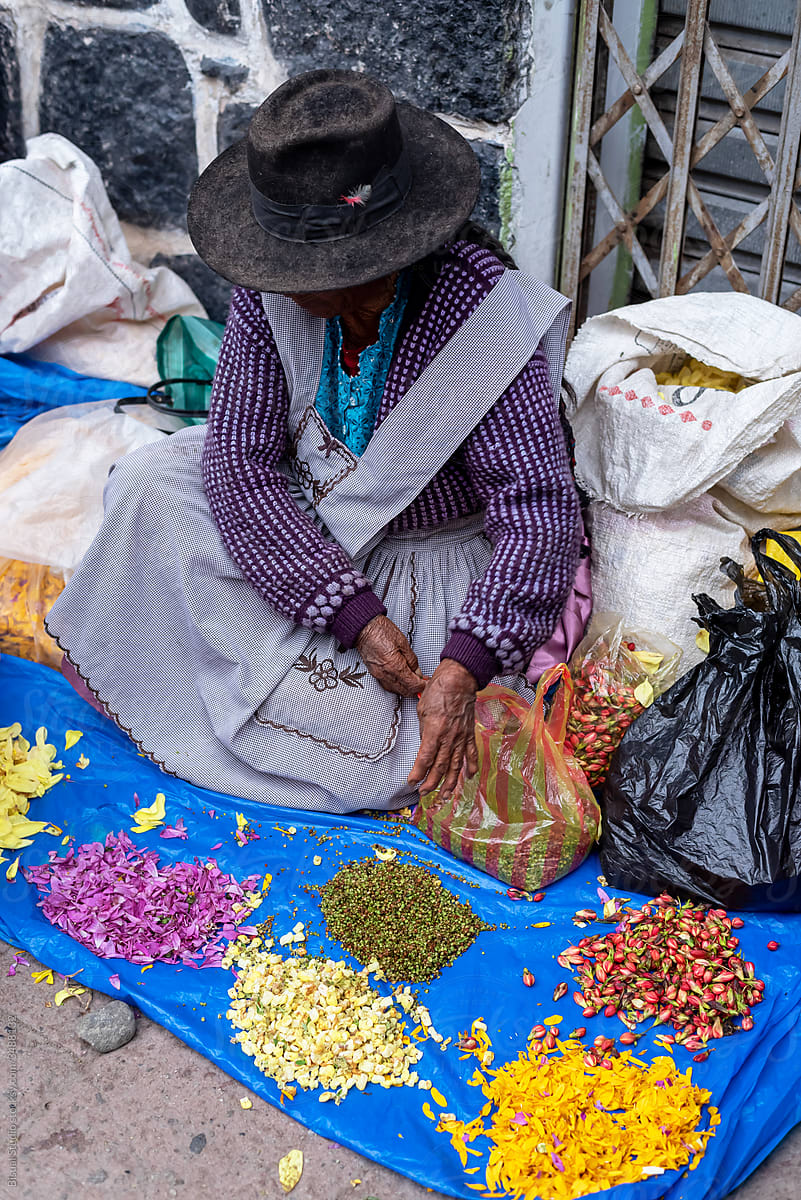 Bolivian woman selling flowers on the street