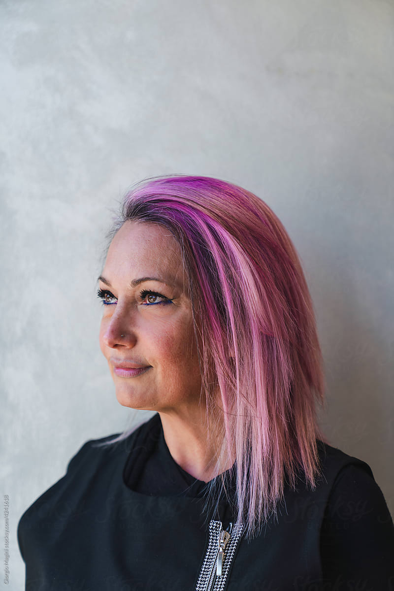 Adult Woman Showing her Pink Hairstyle