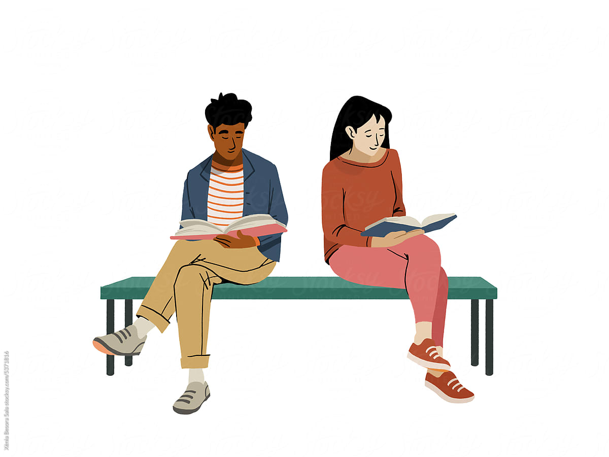 Illustration of diverse students reading textbooks