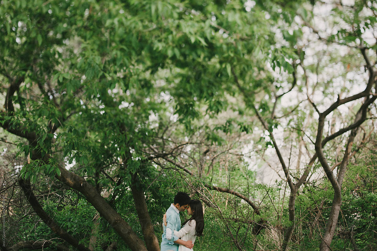 Young Asian Couple Hugging And Kissing Under The Trees By Stocksy