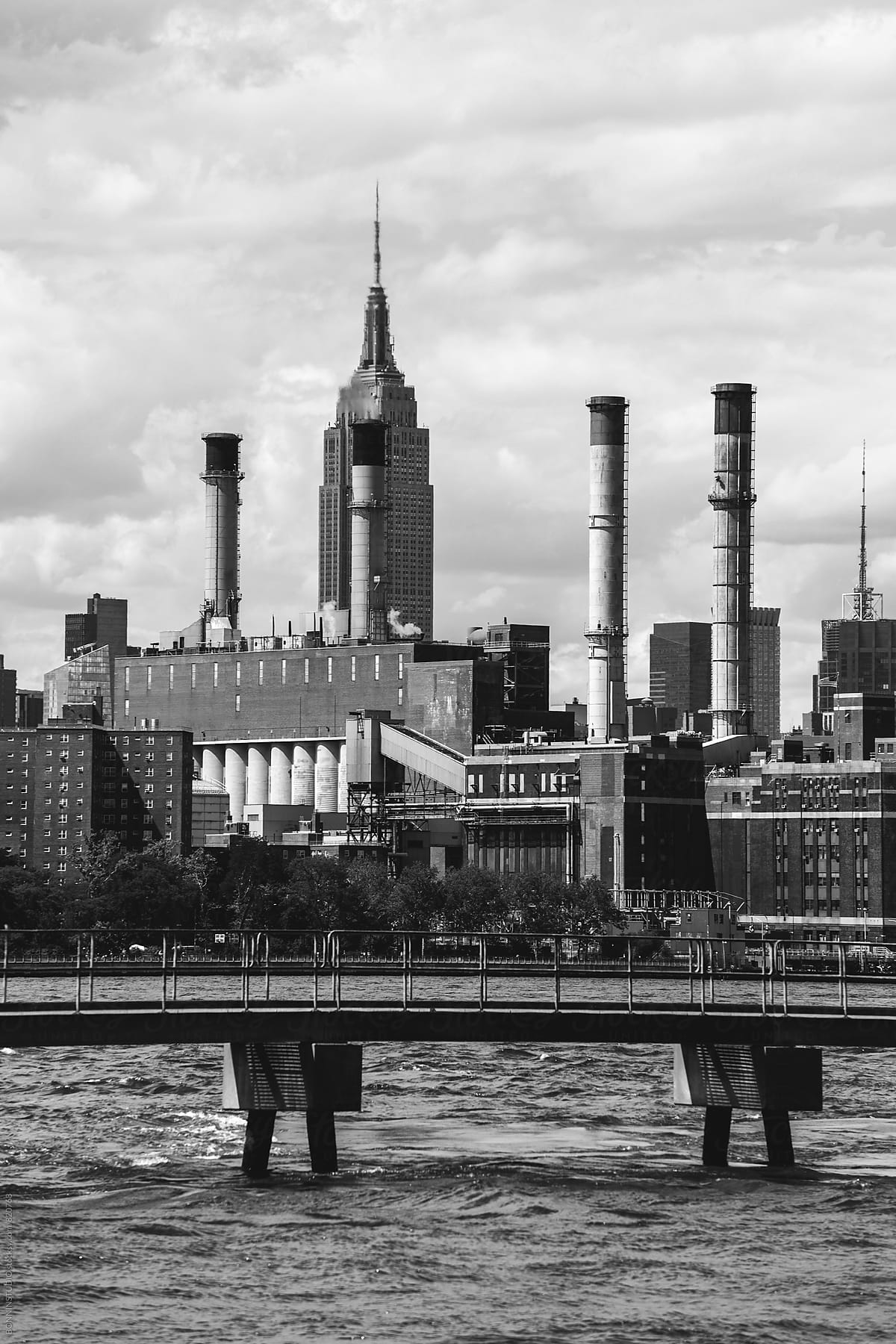 View of Manhattan from Brooklyn. Black and white.