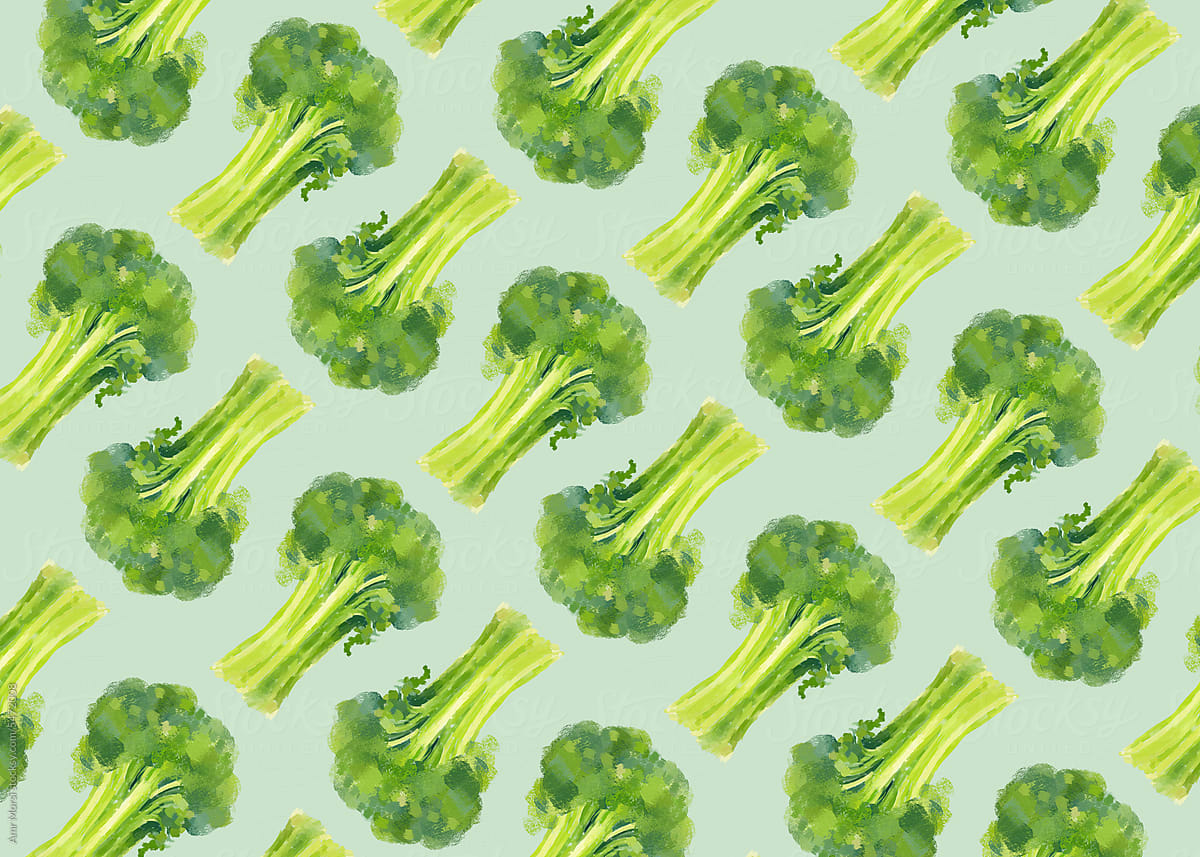 This vibrant illustration features a stylish broccoli pattern