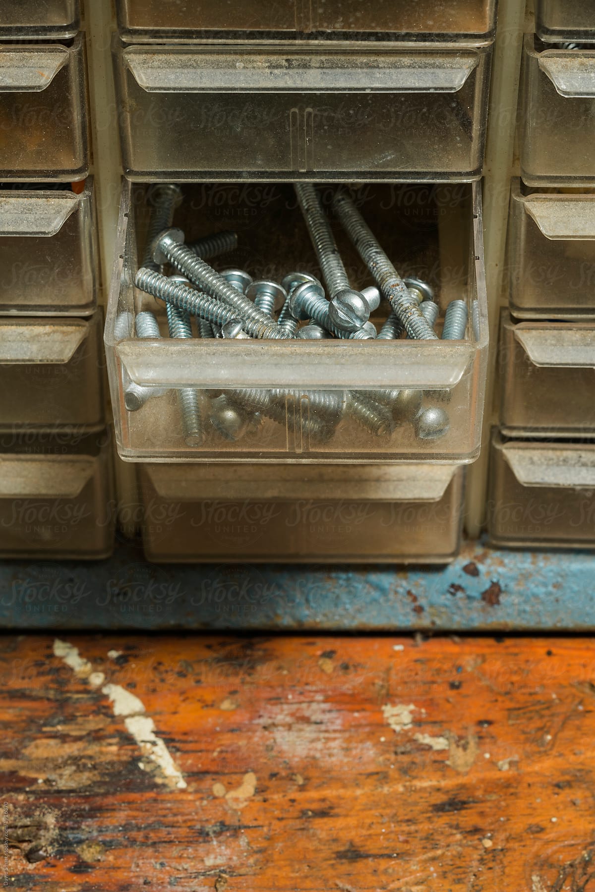 Open drawer of a small parts storage bin