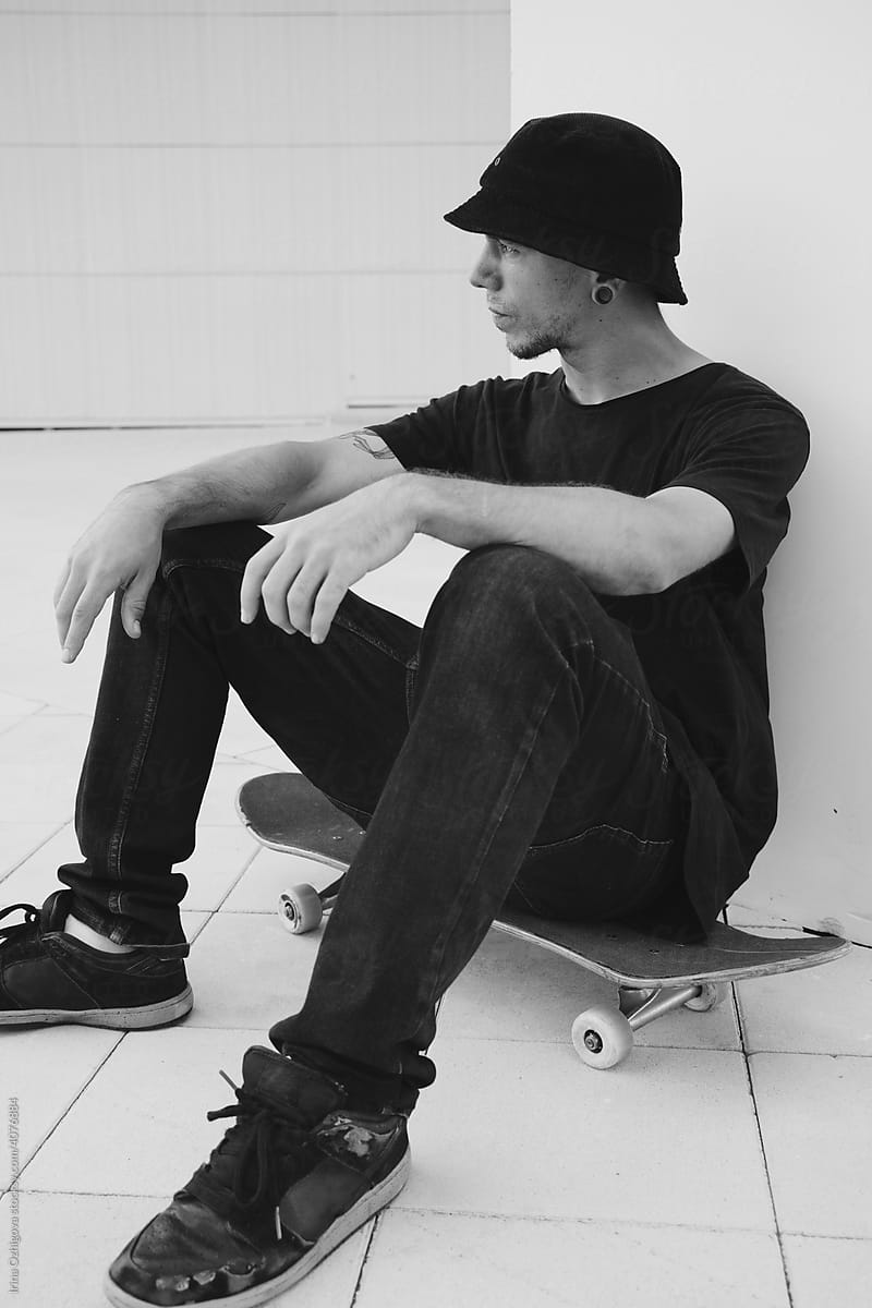 Black and white photo of a skateboarder