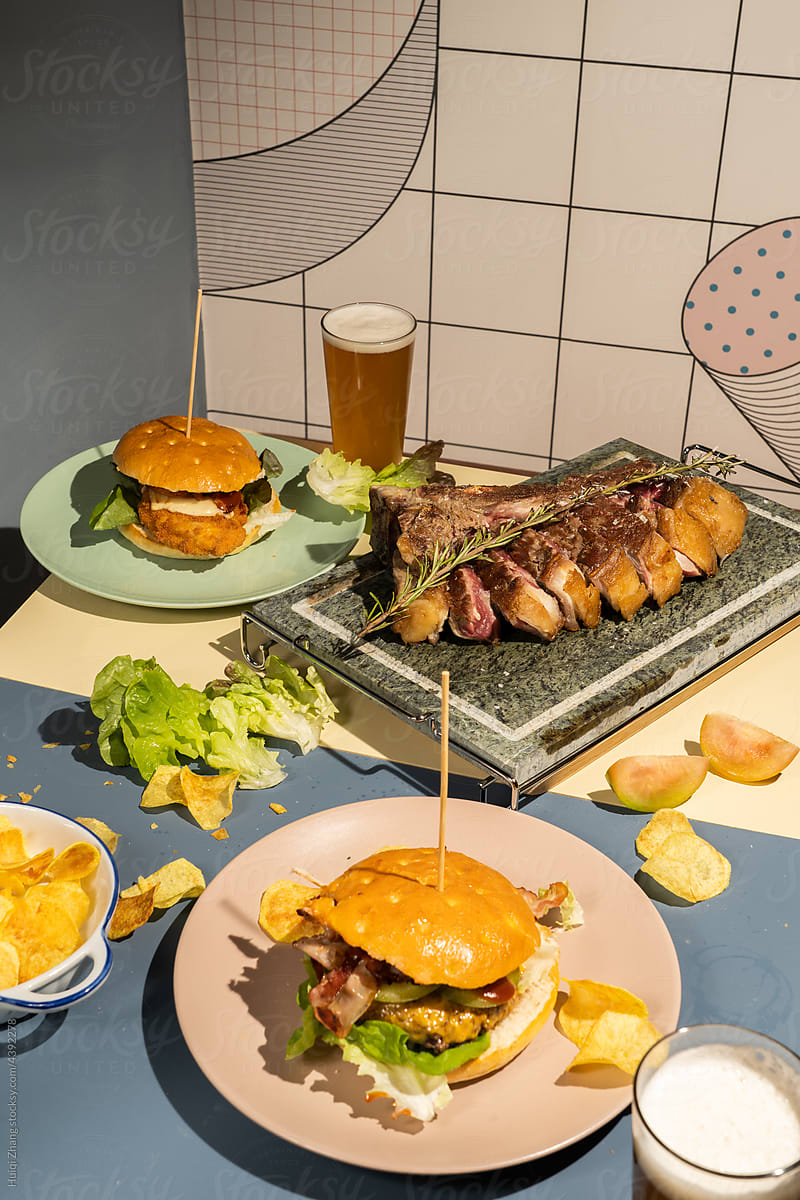 Italian style hamburger and steak on the table