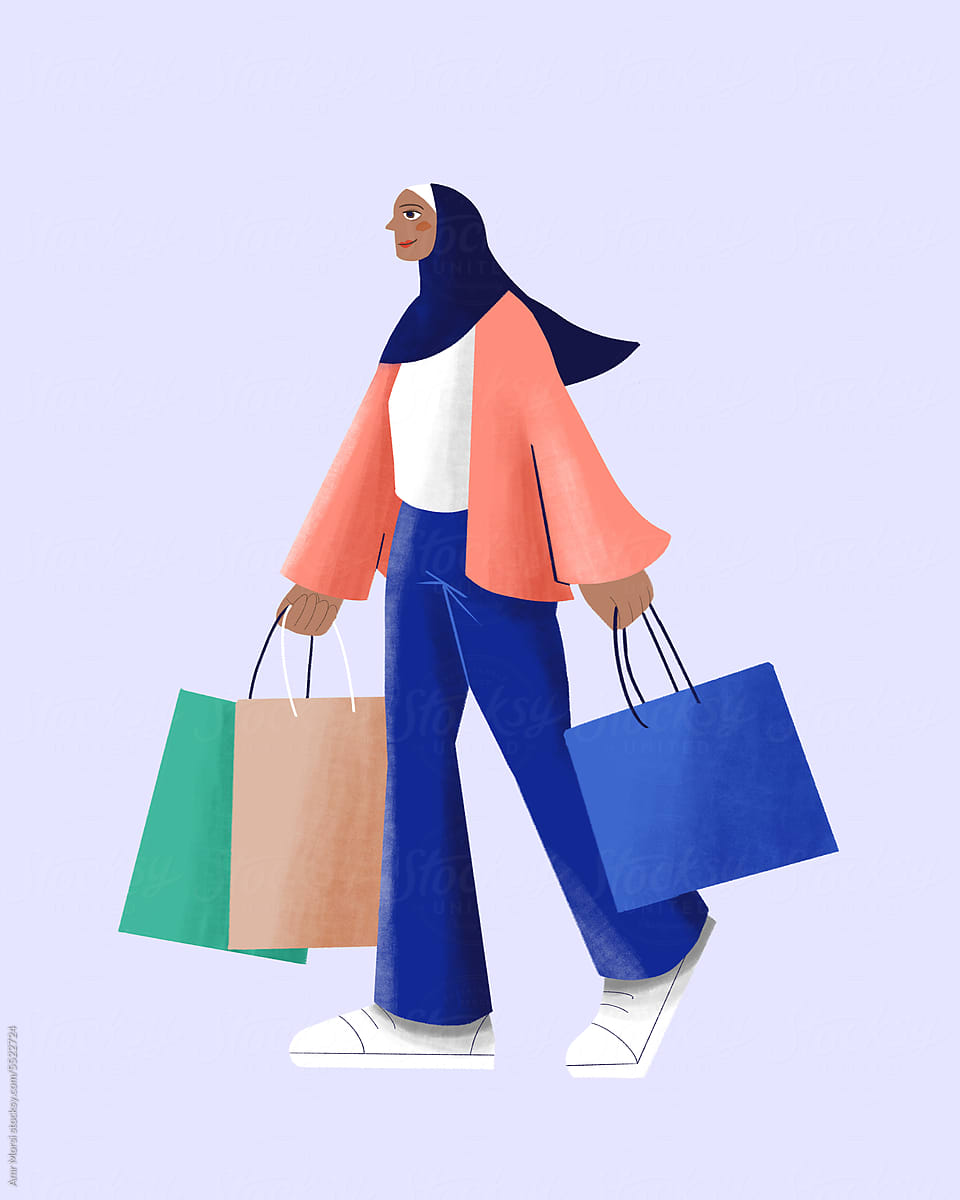 Illustration of a Muslim woman in hijab, carrying shopping bags