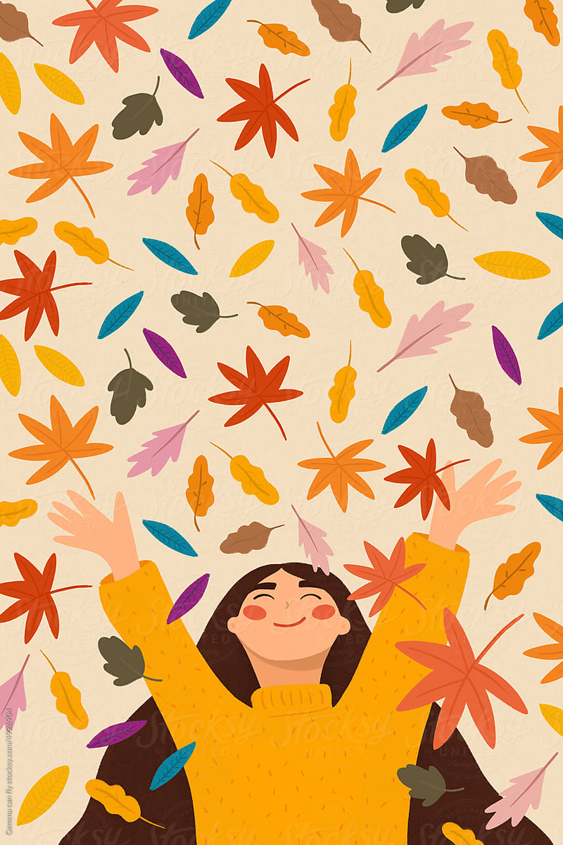 Woman playing with leaves in autumn illustration