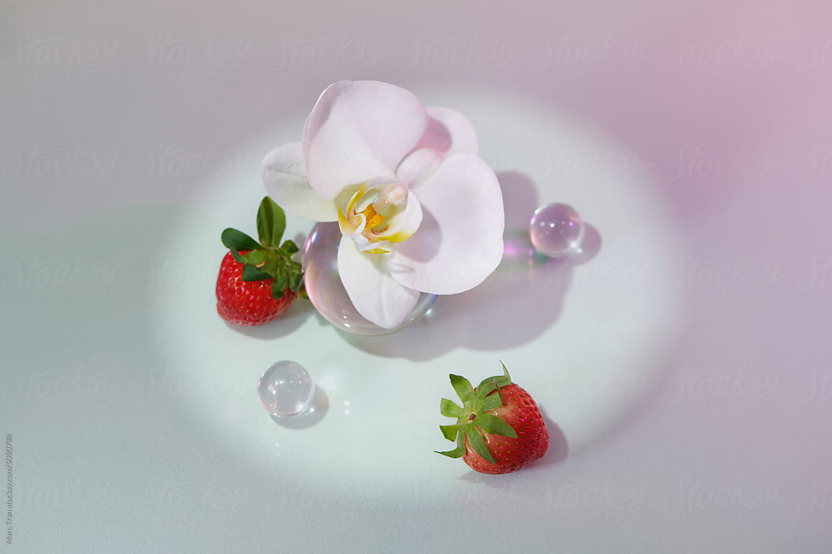 White Orchid and ripe strawberries, beautiful white background