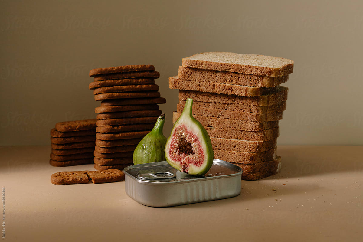 Still life of bread, cookies and fig