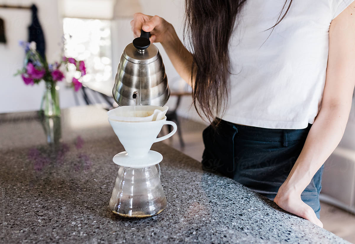 pour over coffee dripper on counter in home