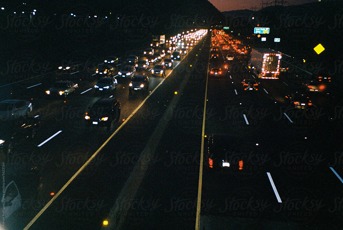 LA Night Gridlock: Aerial View of Traffic Jam on Highway, Shot on 35mm