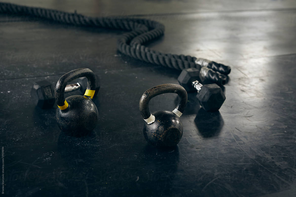 Kettlebells ropes and weights.