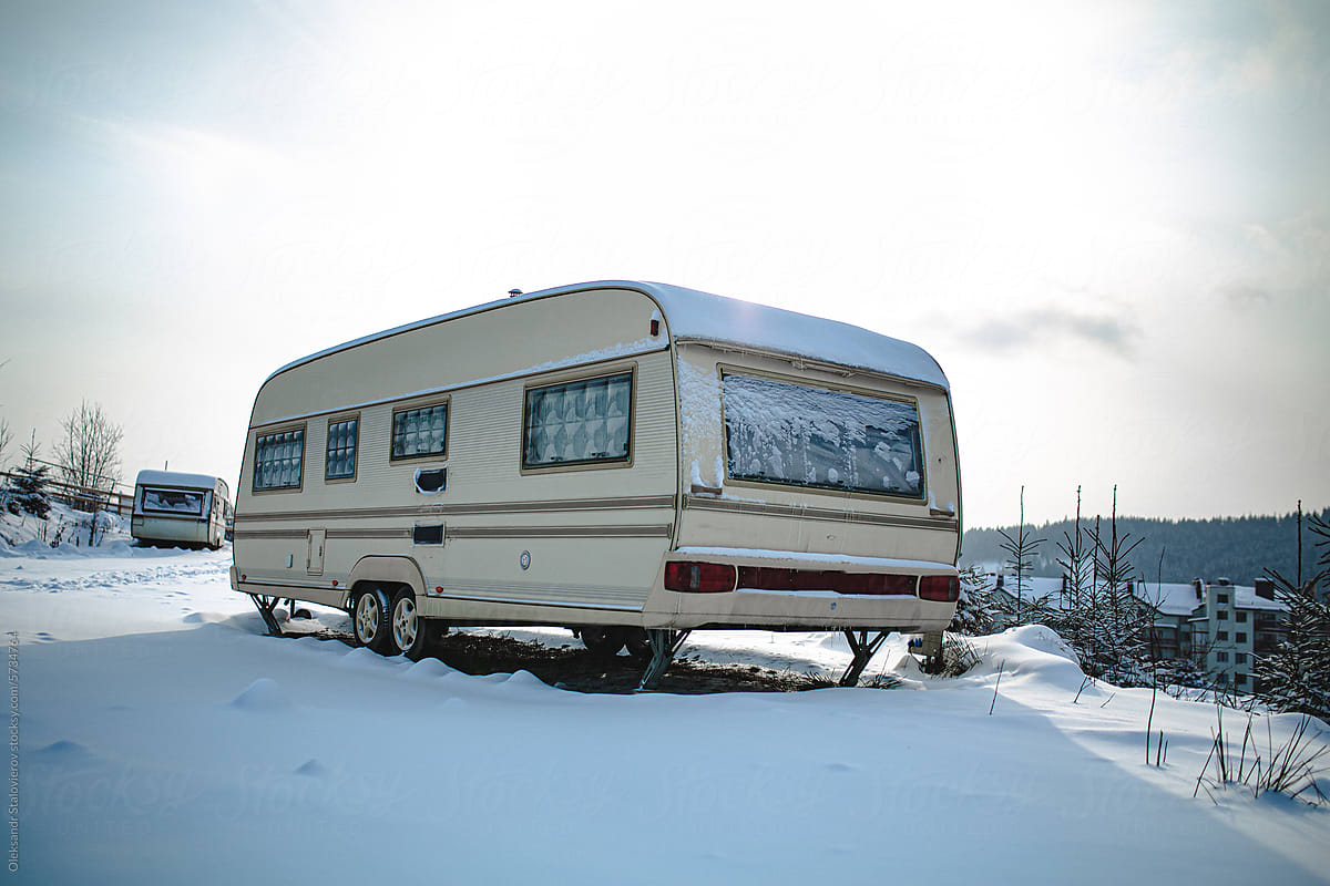 Tiny houses on winter camping on ski resort.