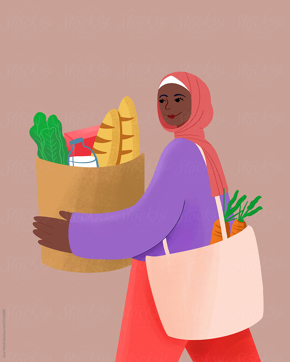 Black Muslim Woman Carrying Groceries