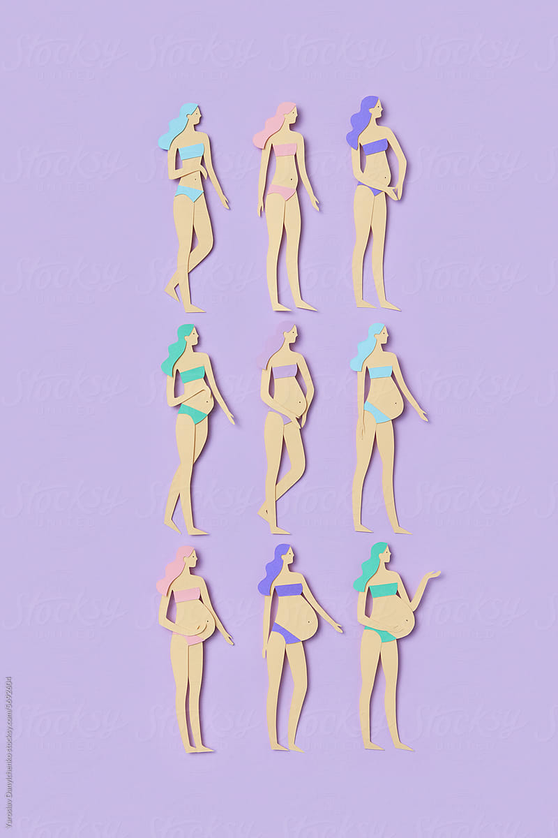 Colorful papercraft of nine women showing pregnancy stages