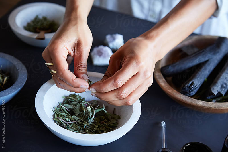 Woman touching dried comfrey herb while making skincare products