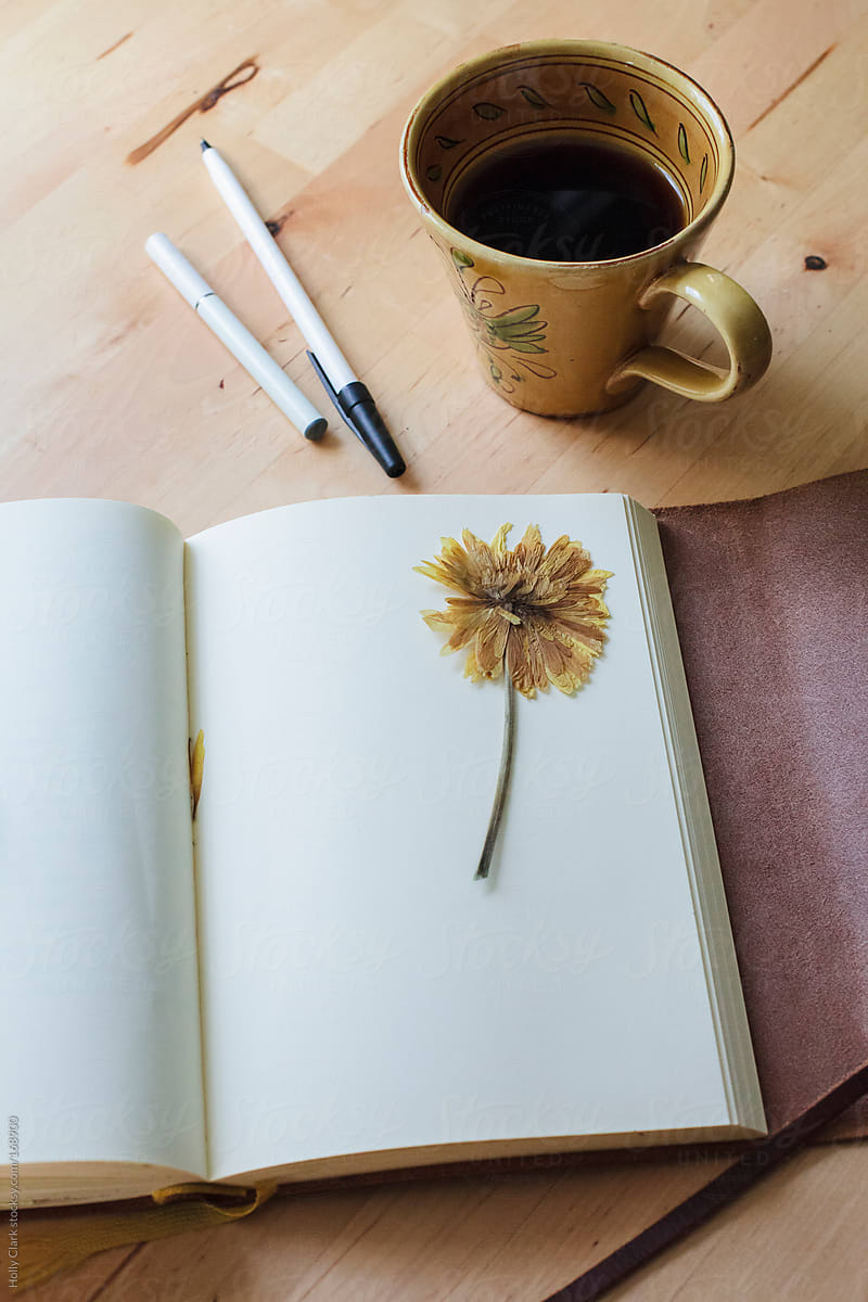 Blank journal lies open with a pressed yellow flower