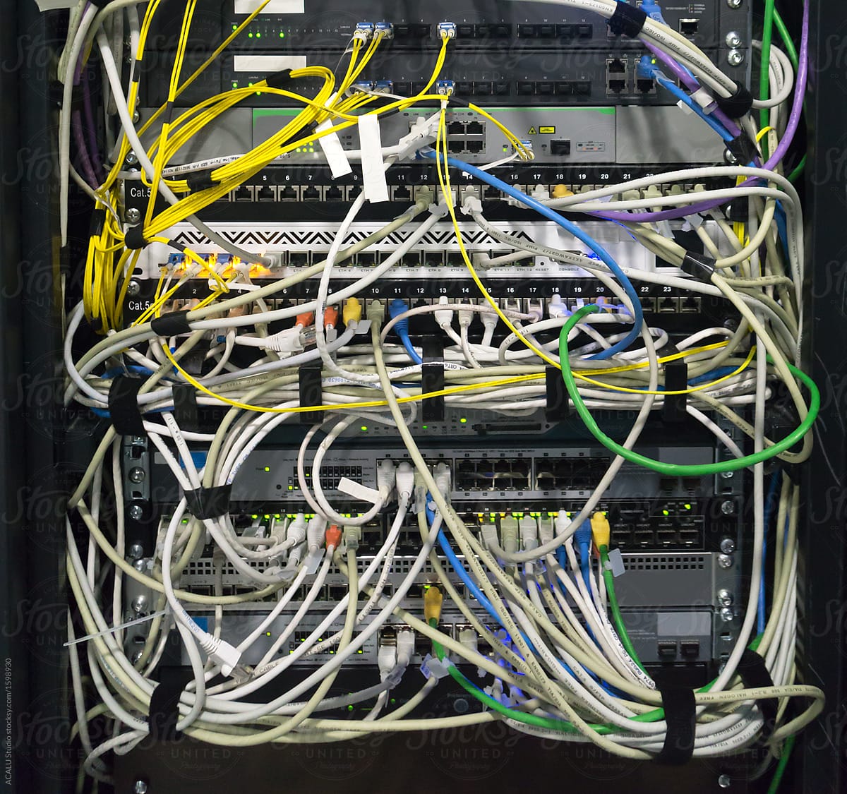 Detail of a communications rack, fiber, internet, network, switc
