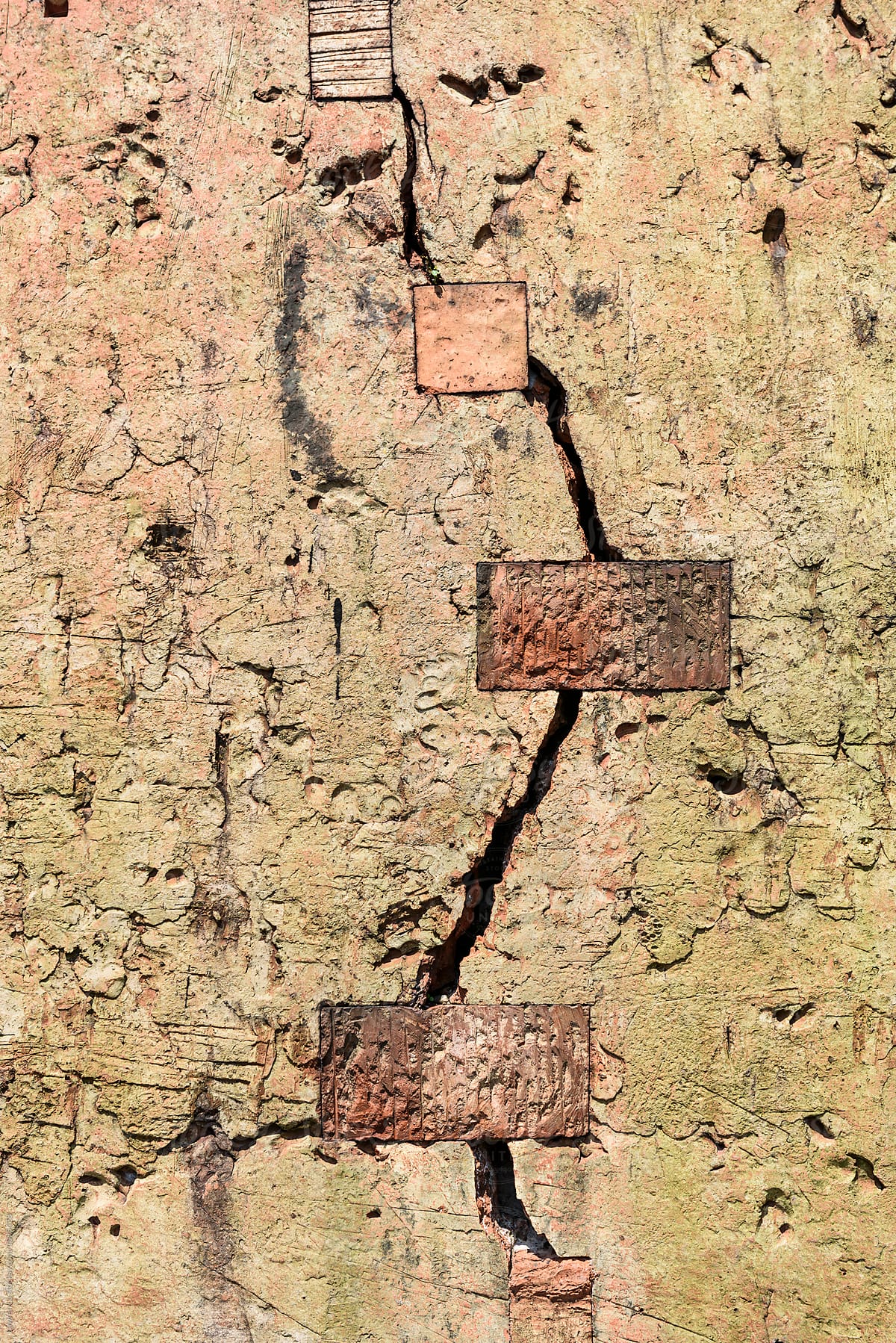 Close-up of decayed wall with crack and bricks