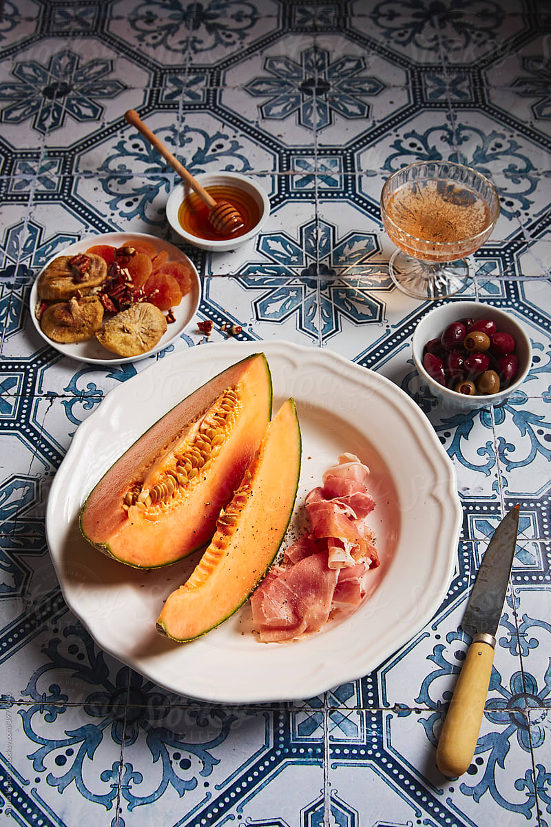 Prosciutto and Melon with Olives and Dried Fruit