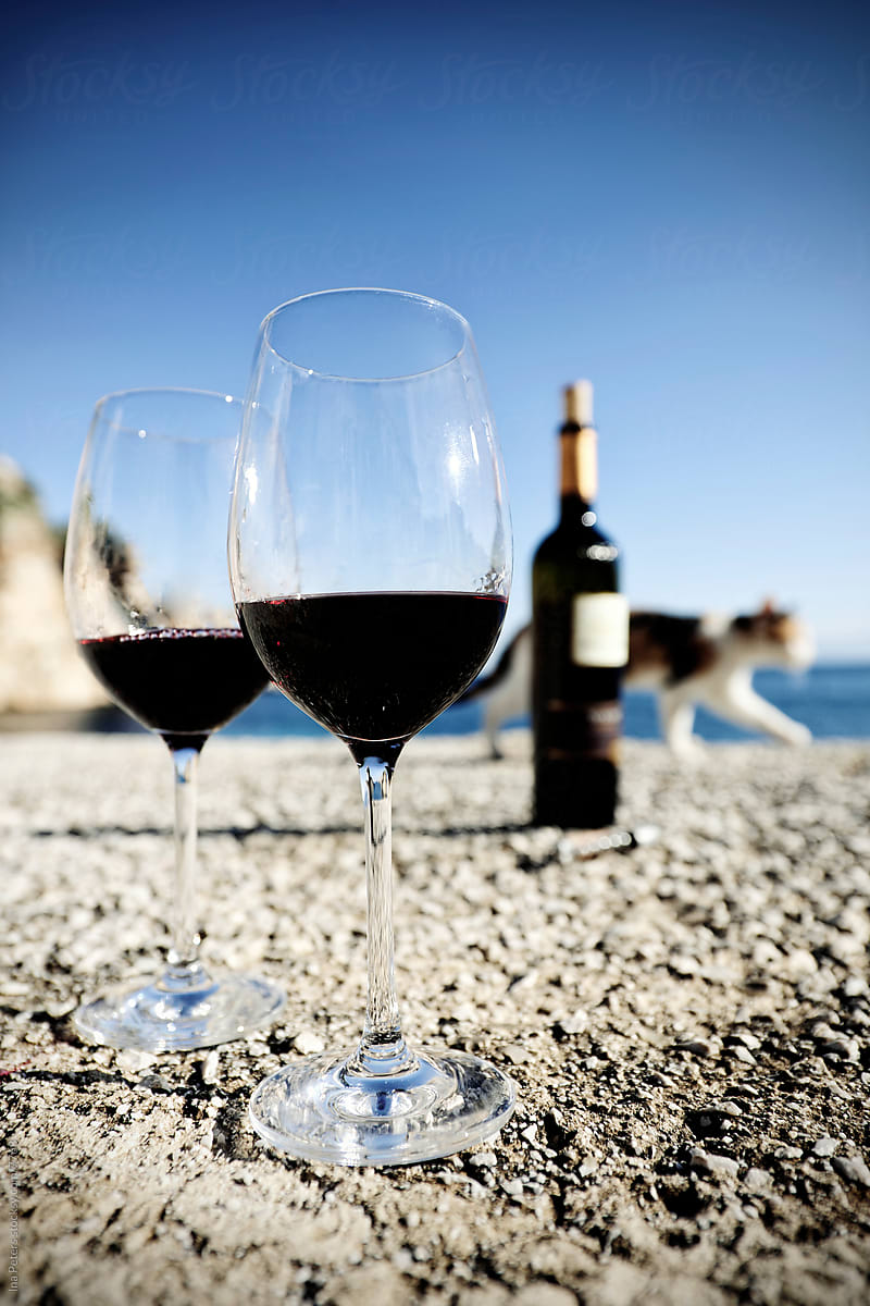 Two glasses of red wine at the sea