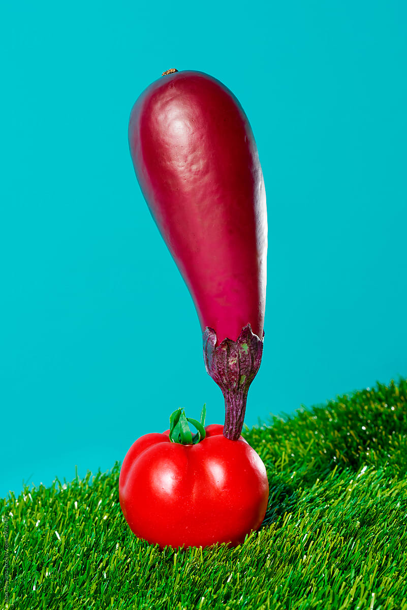 fake eggplant and tomato on the grass