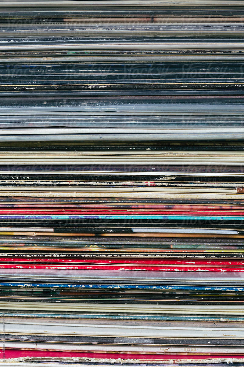 Close up of a stack of old vinyl records