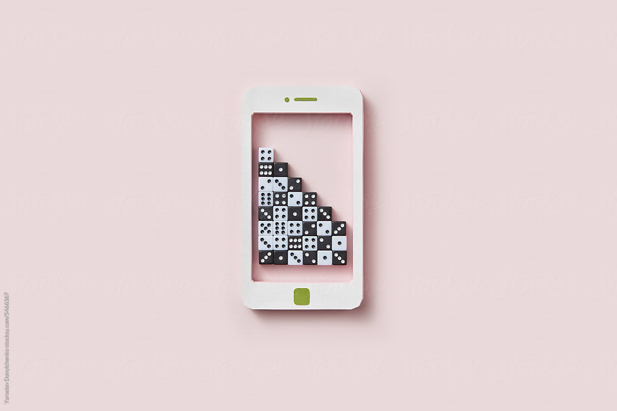 Black and white dice in paper smartphone mockup.