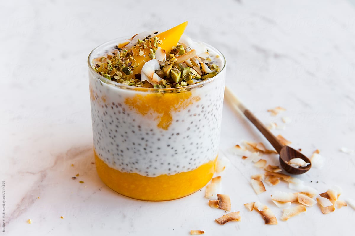 Mango, nut and coconut milk chia seed pudding