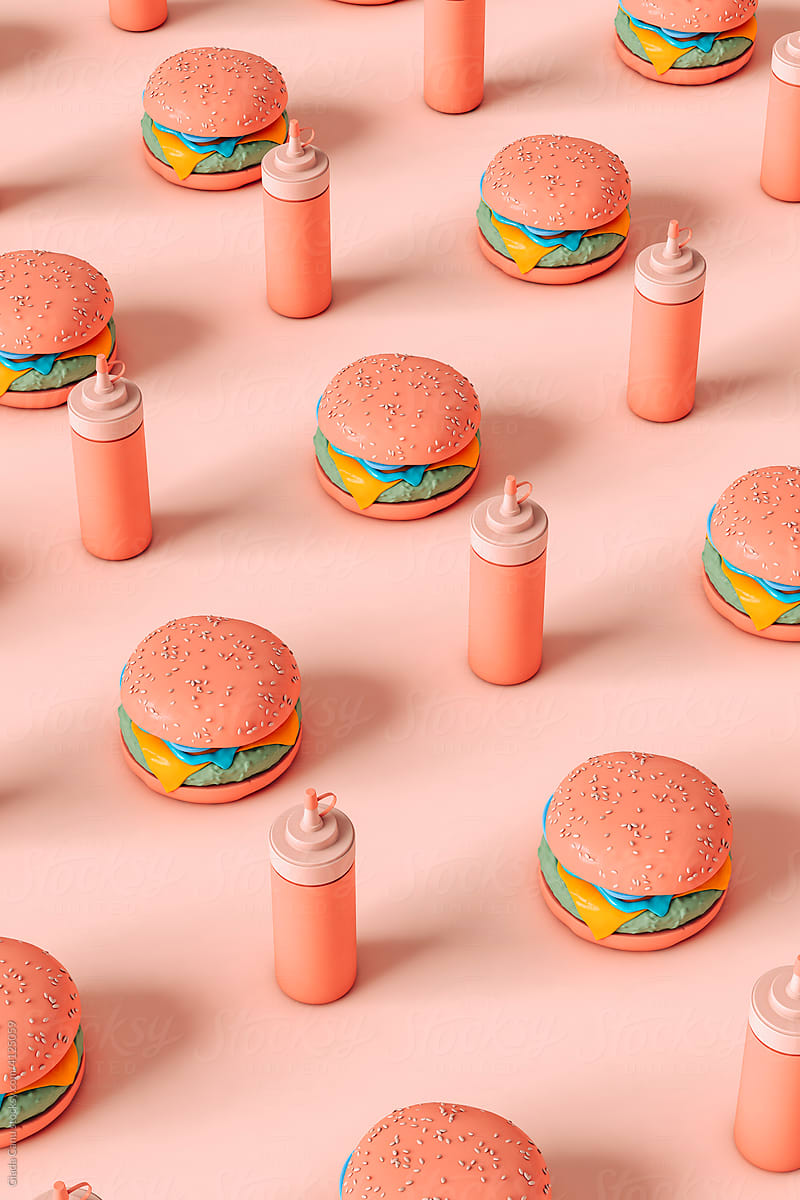 pink cheeseburgers and sauce bottles - 3d render
