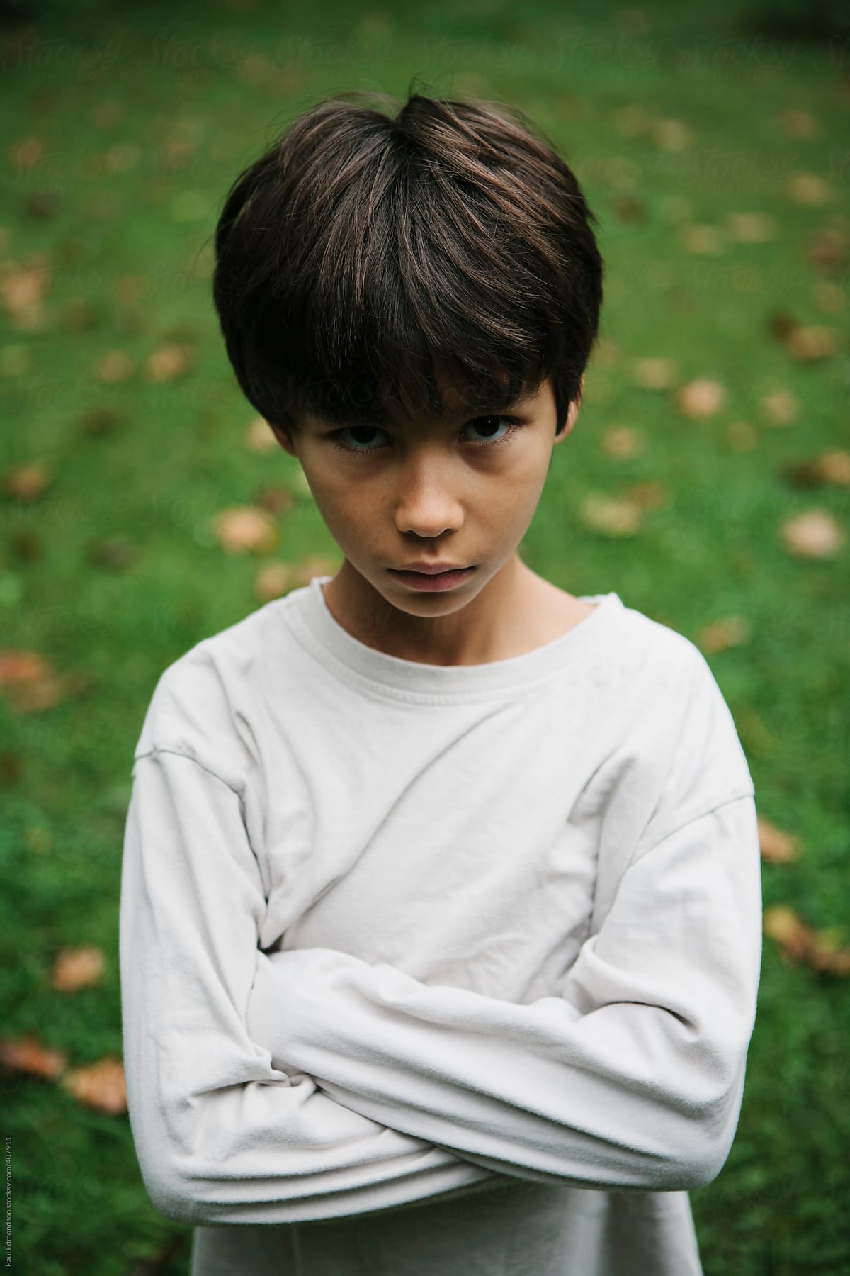 Portrait of serious nine year old boy