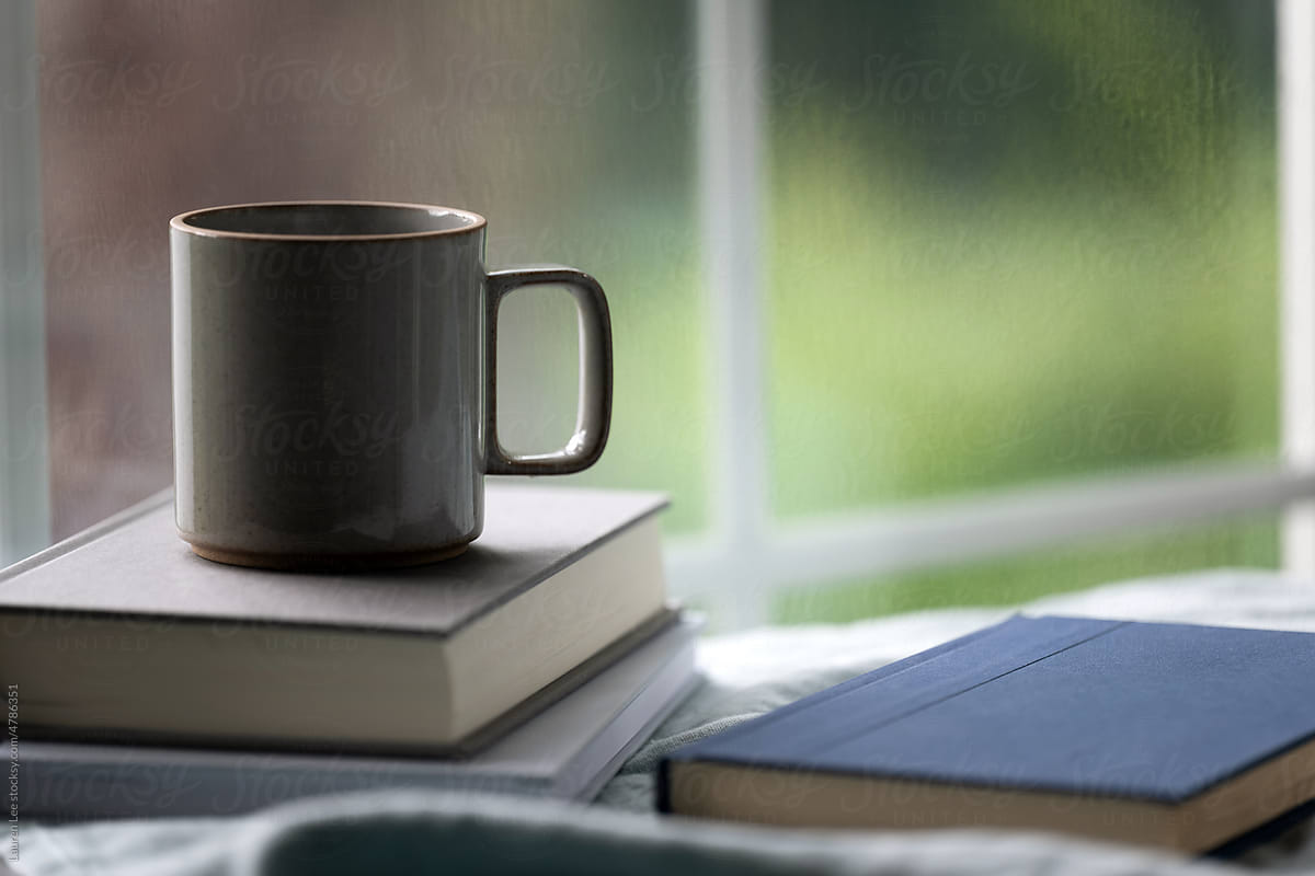 Coffee mug and books by window