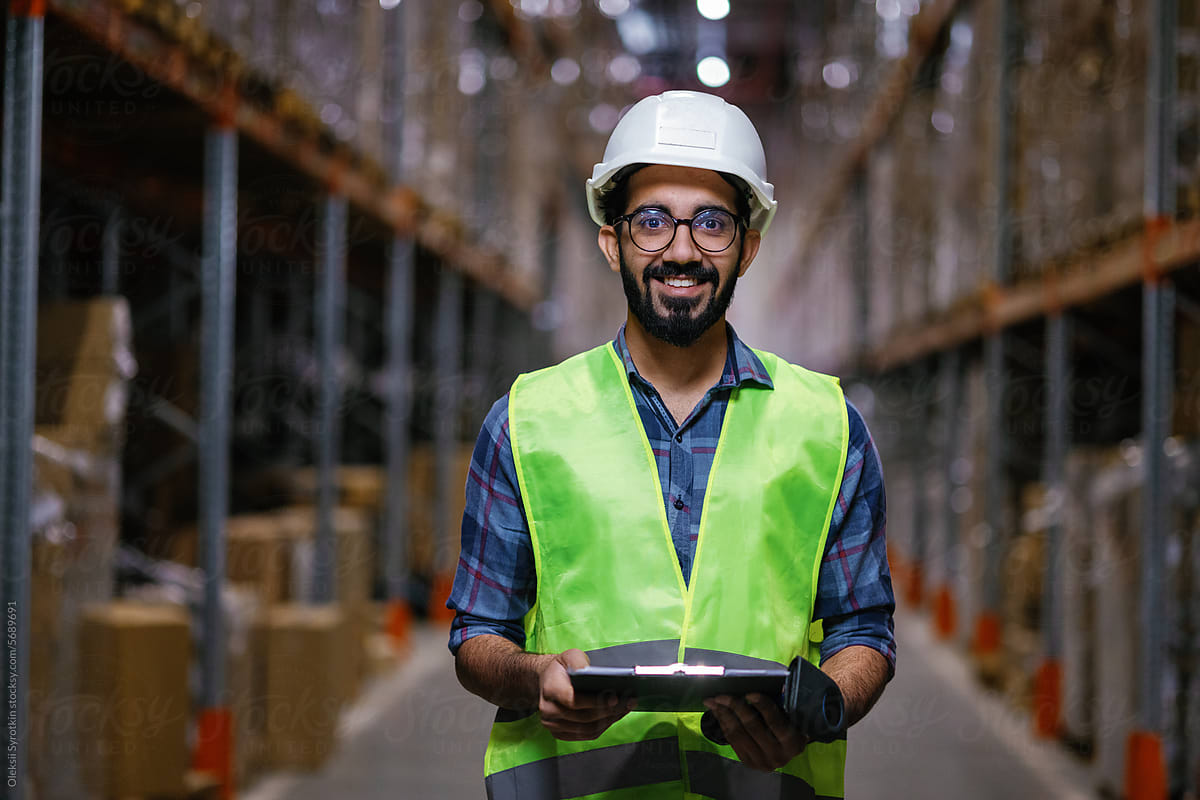Warehouse company boss eye contact multicultural happiness