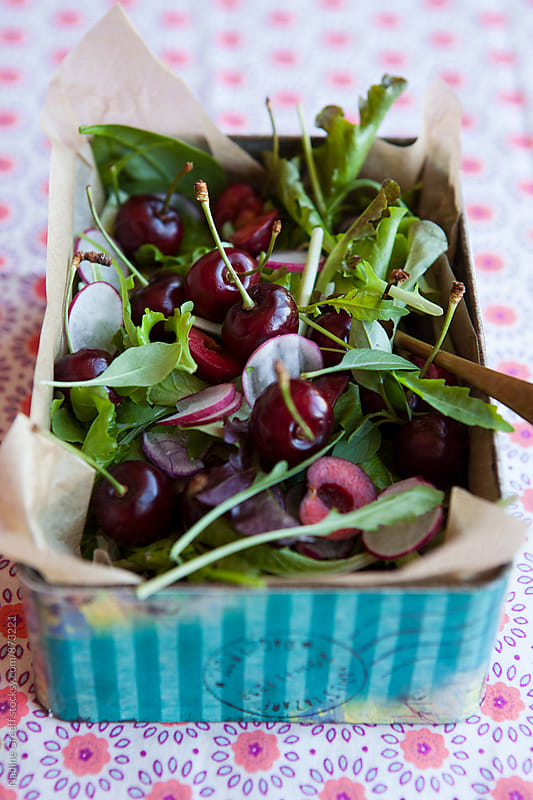 Picnic cherry salad in metal container