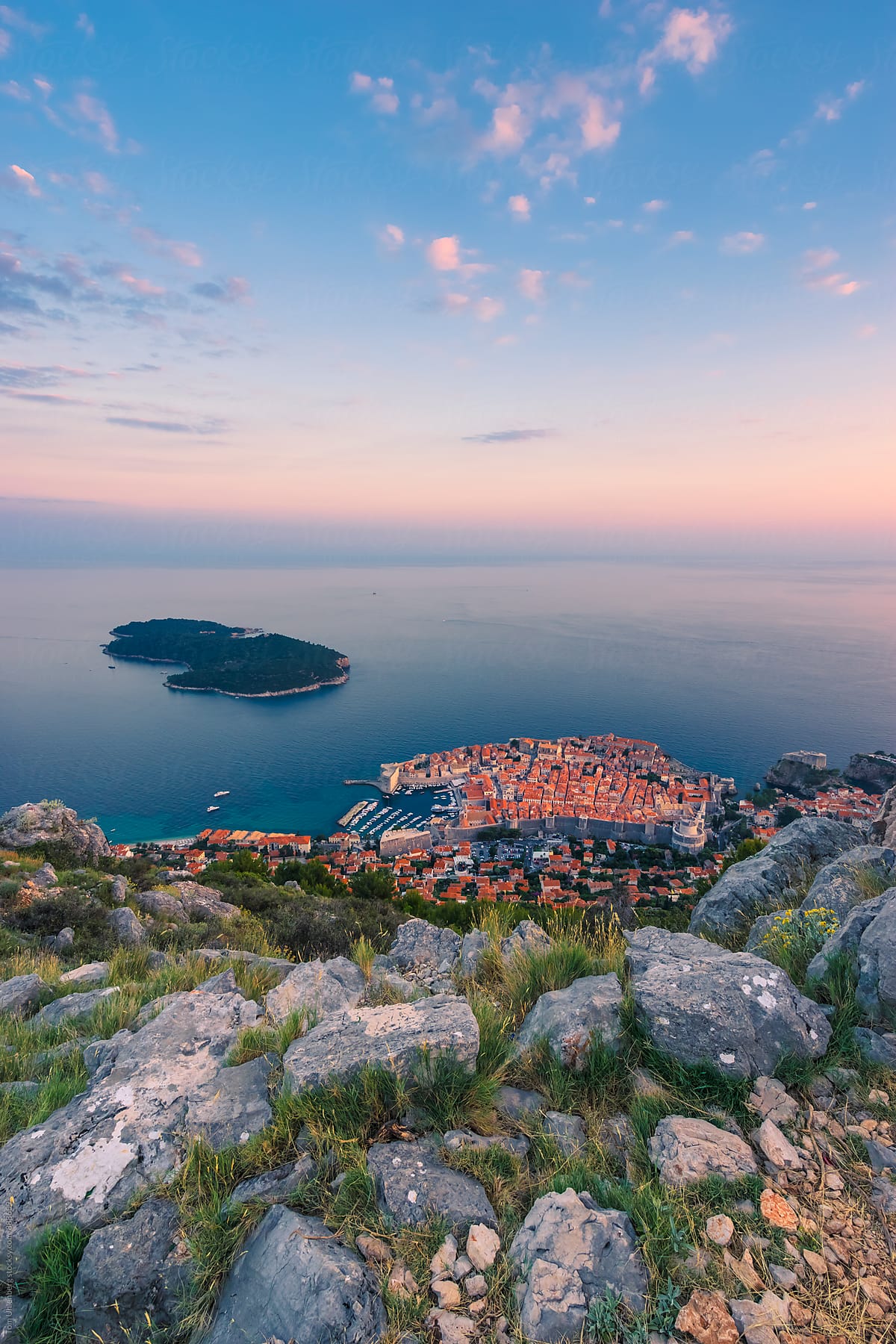 Dubrovnik, Croatia - Elevated View of the Old Town and the Island of Lokrum in Sunset Light