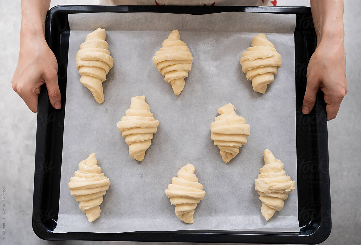 Before and after -homemade croissant baking at home. Top view