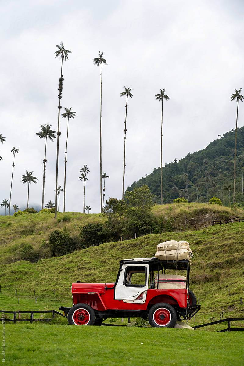 Old all-terrain vehicle loaded with coffee sacks in Cocora Valley