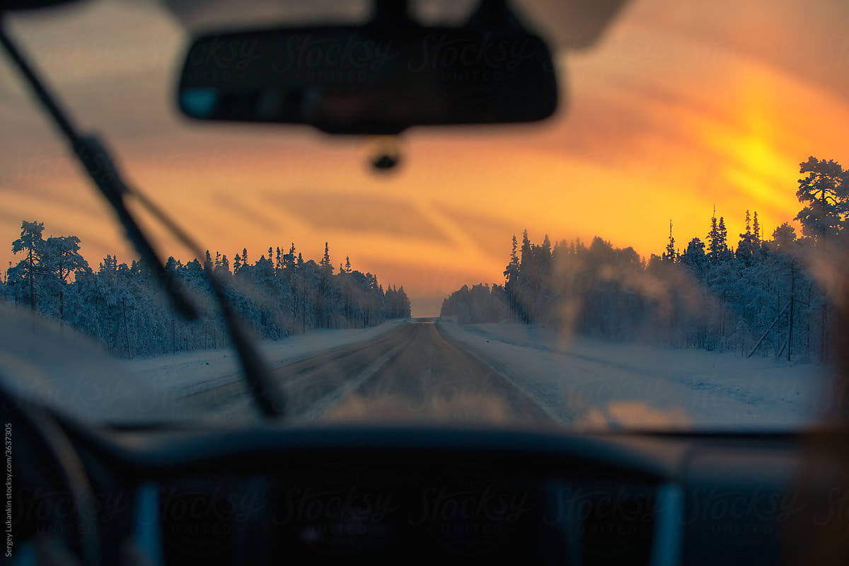 View through a dirty windshield onto a snowy road with snowy trees in dawn light