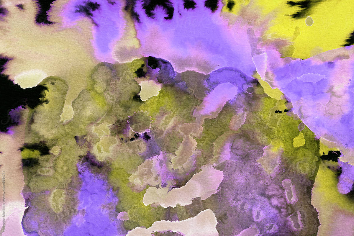 A bright abstract painting in shades of sulphur yellow and lavender.