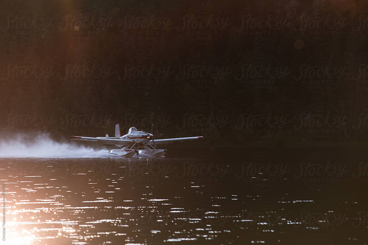 A forest fire fighting floatplane landing on a lake to fill it\'s tanks at sunset