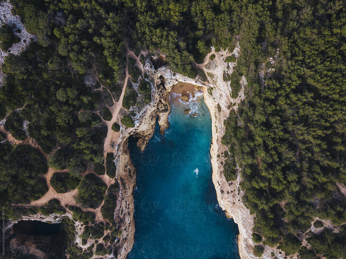 Aerial view of a small beach hidden between cliffs and forest.
